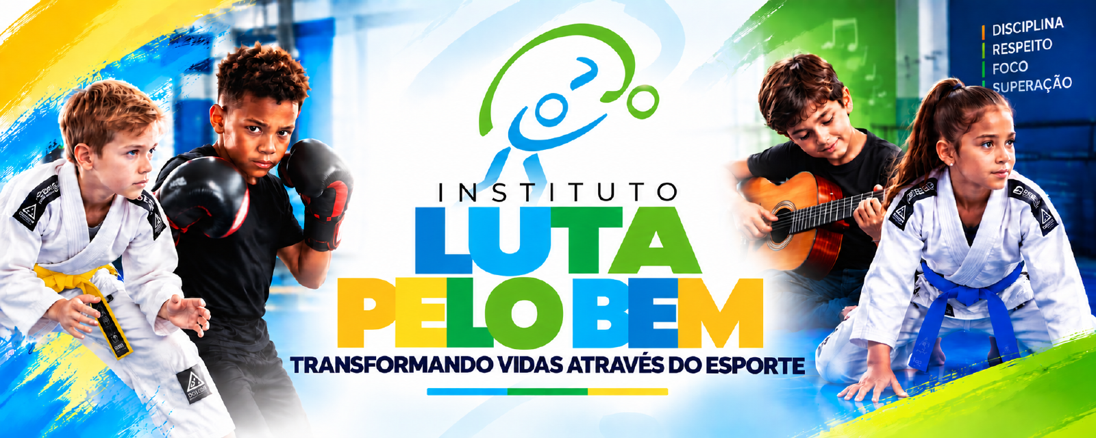Banner Instituto Luta pelo Bem com crianças praticando jiu-jitsu, boxe e violão