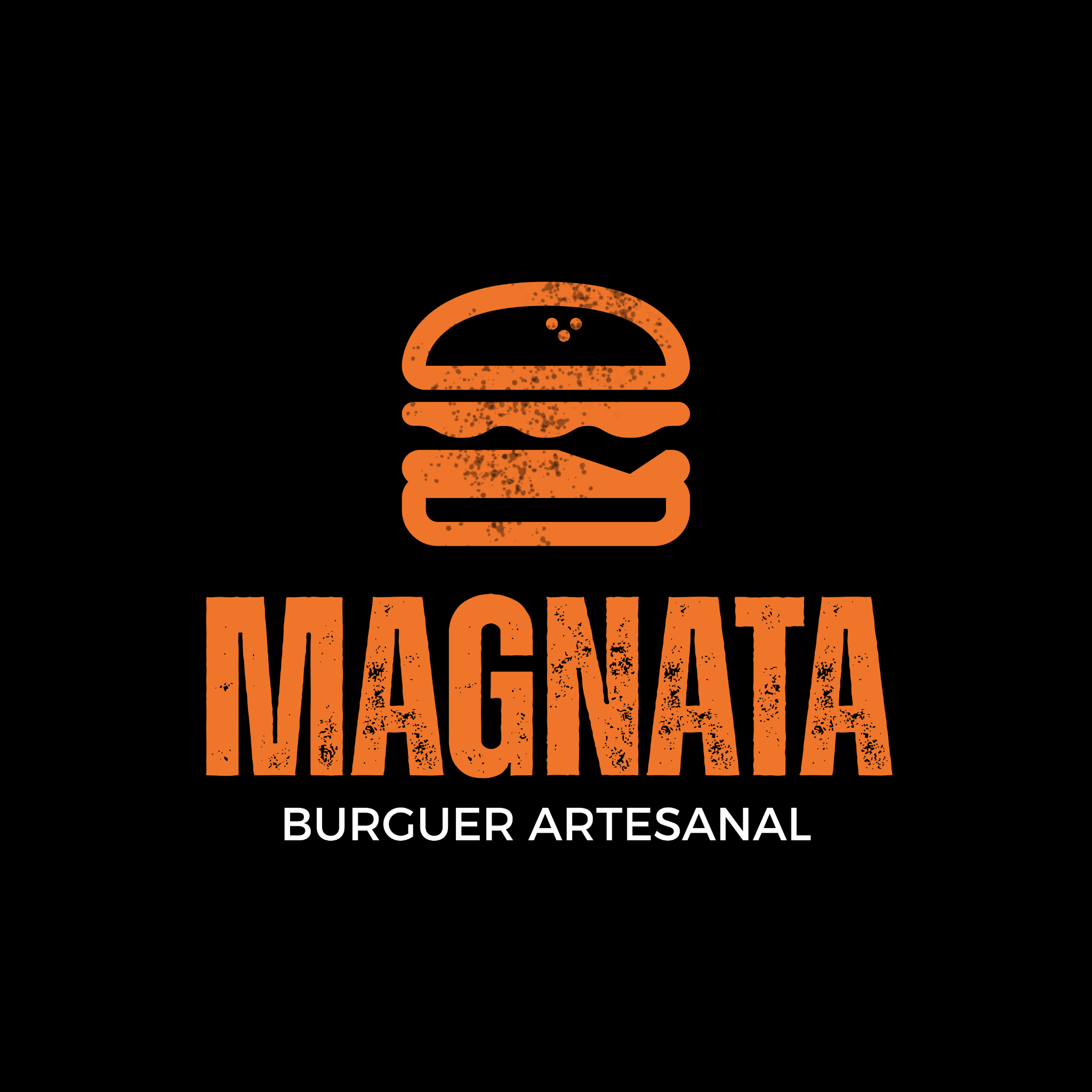Nova identidade visual Magnata Burguer Artesanal, logotipo laranja sobre fundo preto